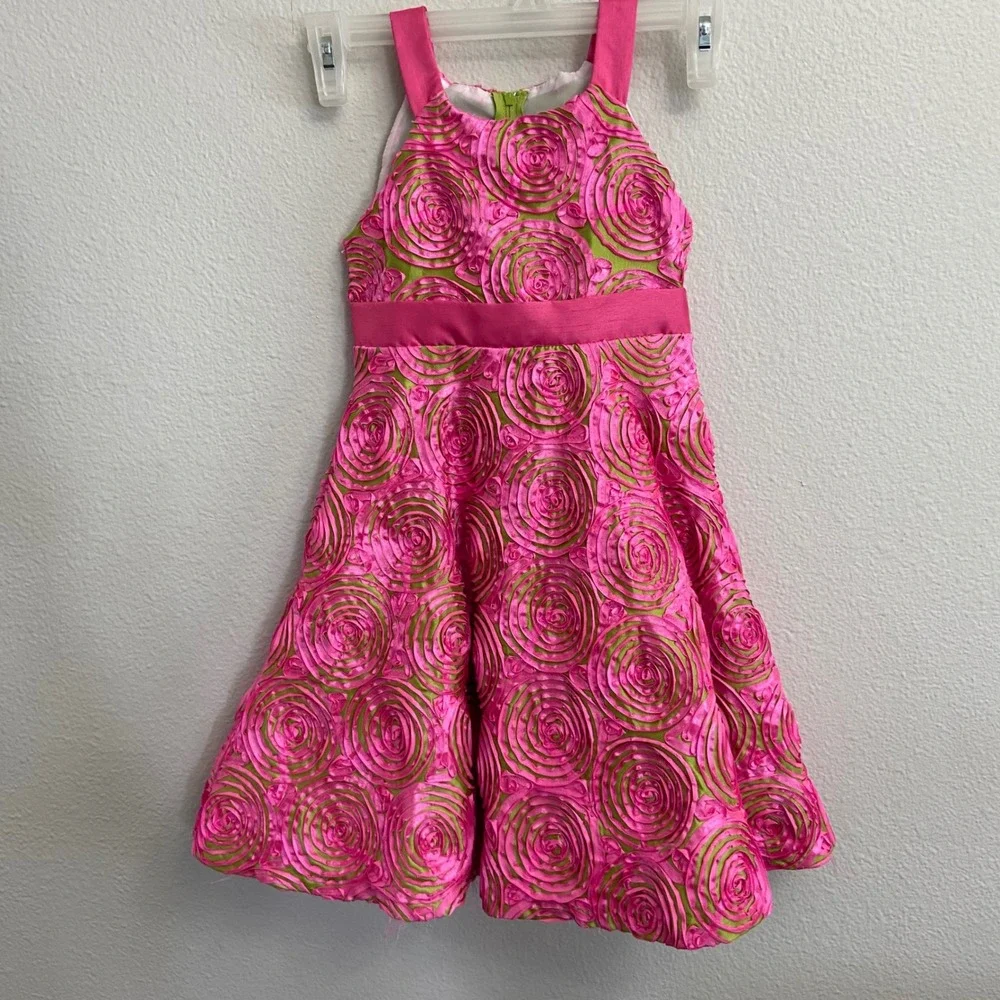 Rare Too Kids Size 5 Pink Lime Green Rosette Party Dress Easter 3D Floral Sash‎